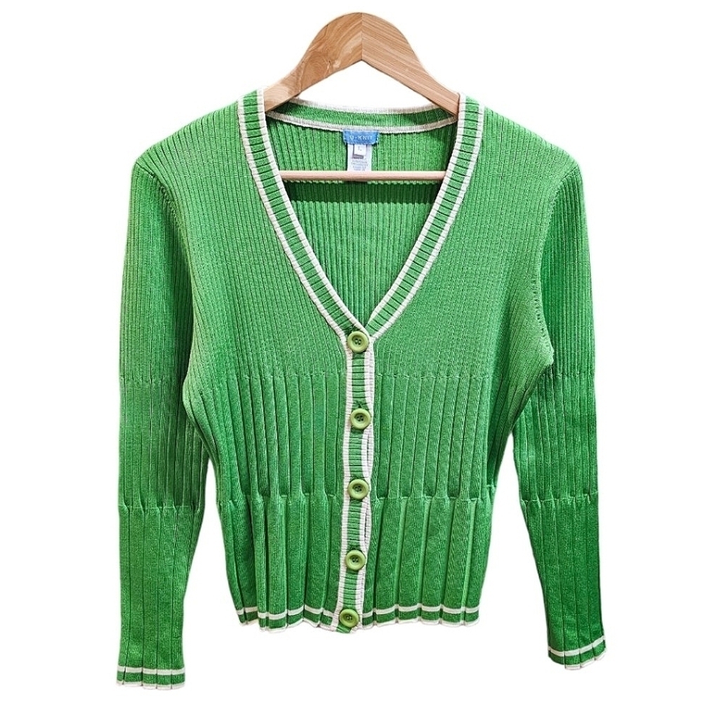 U-Knit Silk Blend Chunky Ribbed Stretch Cardigan Sweater Size Large Green